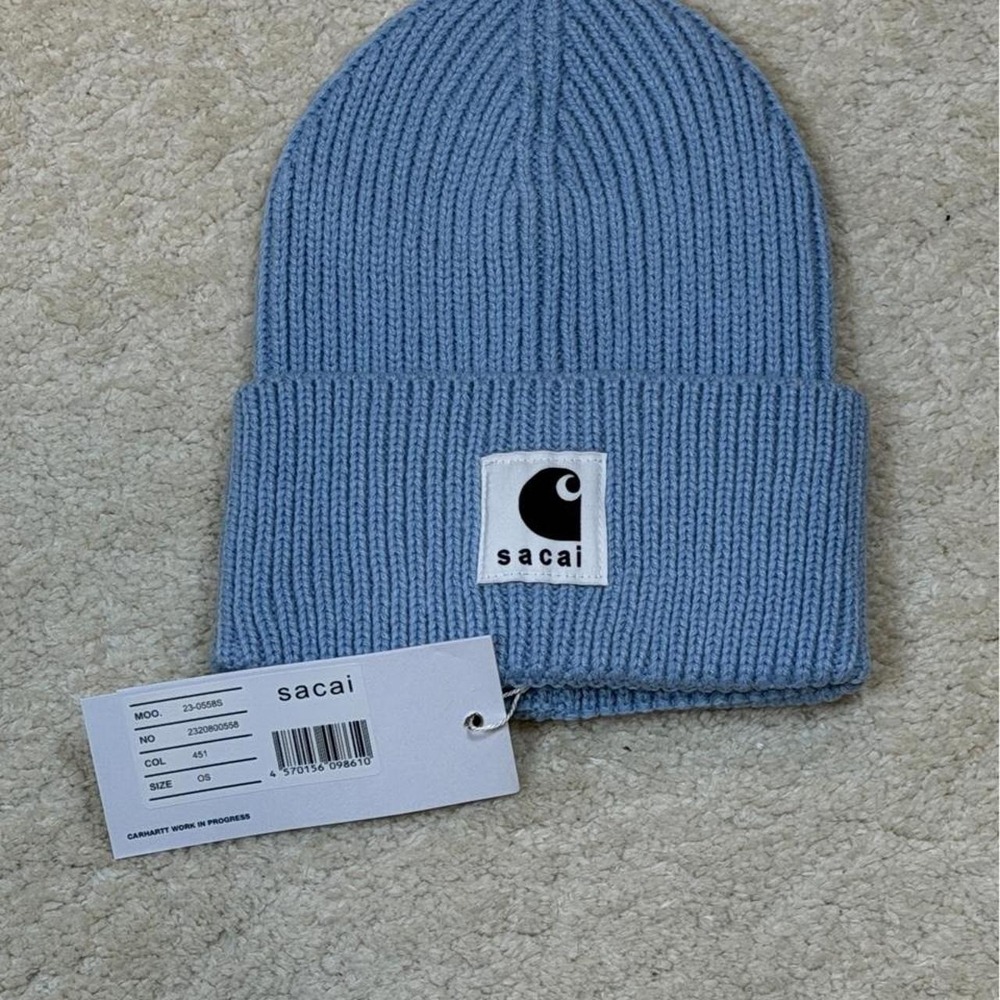 Sacai Carhartt WIP Beanie Unisex OS Blue NEW Ribbed Knit Wool Blend 23-0558S